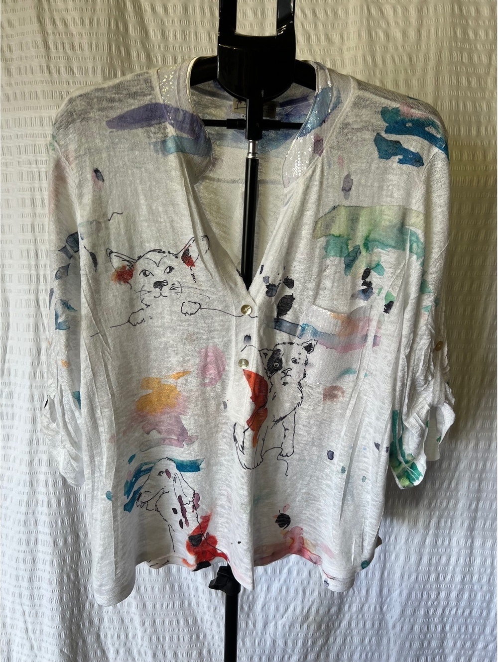 Casual White Watercolor Cats Button-Front Women's Top
